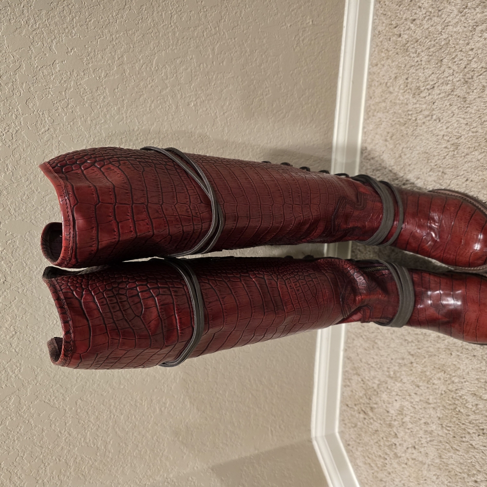 Red Crocodile Pattern Knee-High Boots